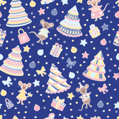 Seamless pattern with Christmas trees and mice-the symbol of 2020