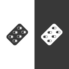 Blister pack green pills icon with beige shadow. Pharmacy vector illustration