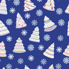 Seamless pattern with hand-drawn Christmas trees and snowflakes
