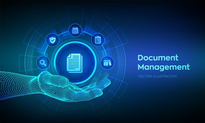 DMS. Document Management Data System. Document icon in robotic hand. Corporate data management system. Privacy data protection. Business Internet Technology Concept. Vector illustration.