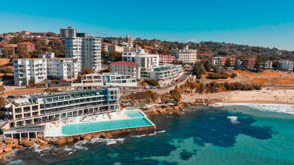 Amazing aerial view of Bondi Beach landscape in Sydney, Australia. Drone viewpoint on a sunny...