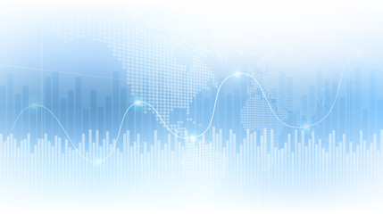 Abstract financial graph with uptrend line and world map in stock market on gradient blue white color background