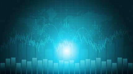 Abstract financial chart with line graph and world map in stock market on blue color background
