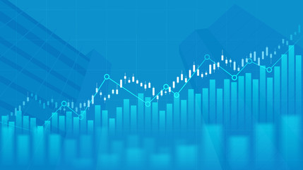 Abstract financial graph with uptrend line and building on blue color background