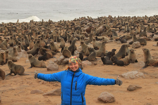 Young Caucasian red-haired happy girl traveler backpacker in a blue down jacket with spread out arms against the background of a huge colony of fur seals in Cape Kros in Namibia, Africa.