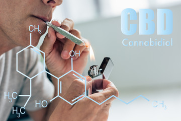 cropped view of man lighting up blunt with medical cannabis near cbd molecule illustration