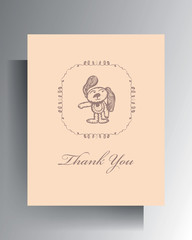 Greeting card design template. Cute hand-drawn character in pink pastel colors. Vector 10 EPS.