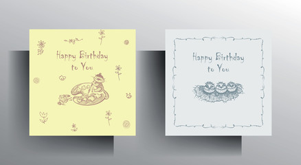 Set of greeting card templates. Design in pastel colors with a hand-drawn character. Vector 10 EPS.