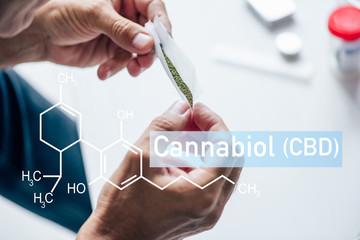 cropped view of man holding blunt of medical cannabis with cbd molecule illustration