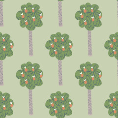 Apple fruit trees seamless pattern on green background.
