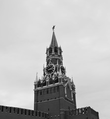 Moscow Kremlin black and white image of symbol of Moscow in Russia. Spasskaya Tower monochrome view on the Red Square in russian capital city