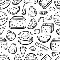 Various Types of Cheese Seamless pattern. Cheese Pieces and Slices Doodle Sketch Vector Background 