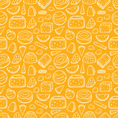 Various Types of Cheese Seamless pattern. Cheese Pieces and Slices Doodle Sketch Vector Background 