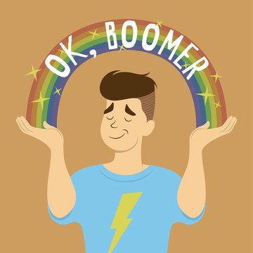 Flat vector cartoon of young man with stylish hair, smug face, and thunder T-shirt shrugs. Sparkle rainbow with OK, Boomer text arch from his hands. Inspired by popular memes.