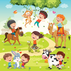 Obraz na płótnie Canvas Children Playing With Funny Animals