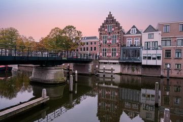 Fototapeta na wymiar City scenic from the medieval town Gorinchem in the Netherlands at sunset