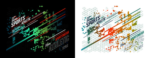 t-shirt design vector for silkscreen printing athletic sports fitness on abstract geometry triangle background black and white