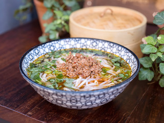 Chinese cuisine. Rice noodles with meat