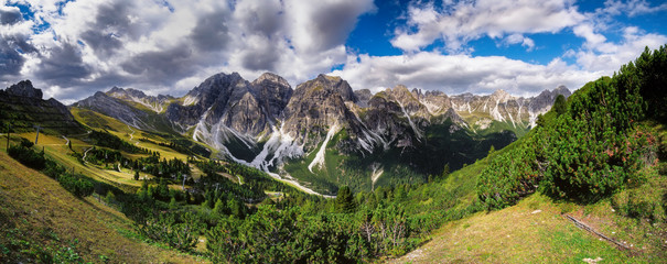Panorama view from the mountain saddle Kreuzjoch