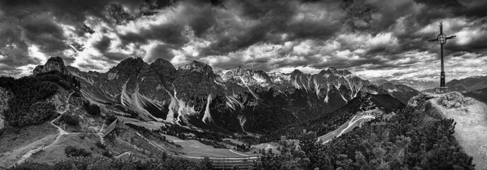 Panorama view from the mountain saddle Kreuzjoch