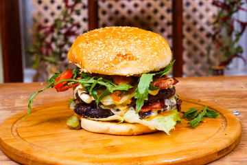 Hamburger on the table. fast food sandwich.