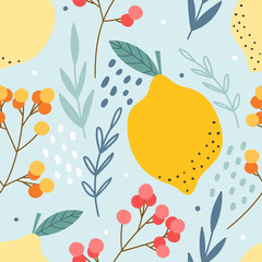 Lemons and berries seamless pattern for print, textile, fabric. Hand drawn citrus fruits background.