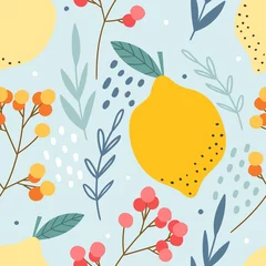 Fototapete Küche Zitronen und Beeren nahtloses Muster für Druck, Textil, Stoff. Handgezeichnete Zitrusfrüchte Hintergrund.