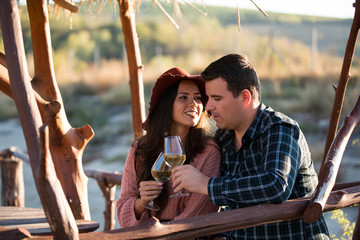 Happy young wife looking at her husband while enjoying together a glass of wine by the edge of a...