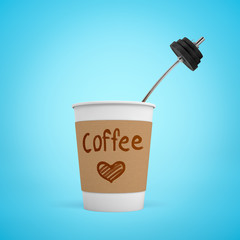 3d rendering of paper coffee cup with metal training bar-bell inside on blue background