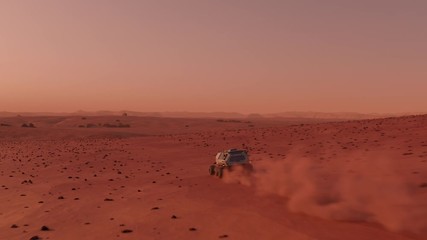 Colonists on Mars rover travelling across the surface of Mars