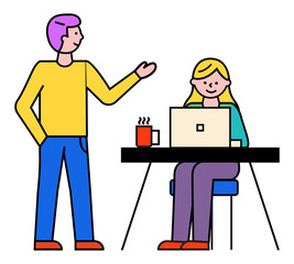 Business consulting. Man teaching student on seminar. Lady typing info on laptop, male gesturing and explaining material of lesson. Development of skills and new education, vector in flat style