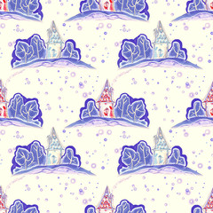 Winter Landscape. Watercolor  Seamless Pattern.