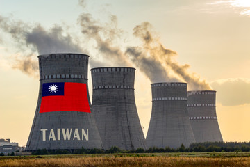 Nuclear plant chimneys displaying flag of Taiwan with according text. Energy pollution accidents in...
