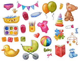 Watercolor set of baby elements