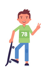 Teenager with skateboard flat vector illustration. Young smiling skateboarder, skater in summer clothes cartoon character. Skateboarding hobby, extreme leisure. Outdoor recreation, active pastime.