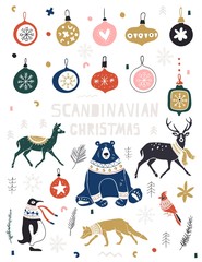 Christmas, New Year icons set in flat style. Nordic animals and birds and floral folk elements. Design Elements Vector. Scandinavian style. Hand drawn illustration. christmas Glass balls.