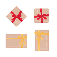 Holiday boxes set. Vector top view gifts collection. Cardboard package with ribbon and bow.