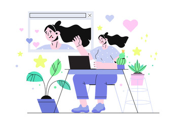 Vector illustration of a female social media blogger character or vlogger broadcasting online or live streaming in her room isolated on a white background. Interview, podcast or webinar concept.