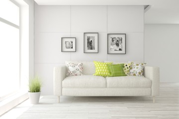 Stylish room in white color with sofa. Scandinavian interior design. 3D illustration