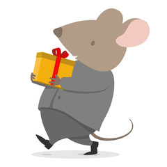 2020 New year rat present gift for business company carrying cute cargo box for Christmas in space grey suite costume and white shirt. Mouse with big pink ears celebrating company party