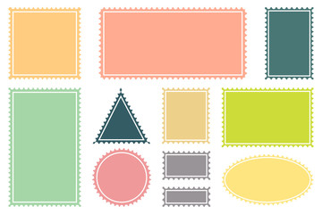Set of blank postage stamps in vibrant colors. Jagged border postal sticker sticker template. Vector illustration.