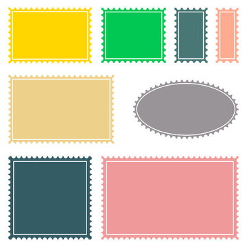 Set of blank postage stamps in vibrant colors. Jagged border postal sticker sticker template. Vector illustration.