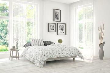 Stylish bedroom in white color. Scandinavian interior design. 3D illustration