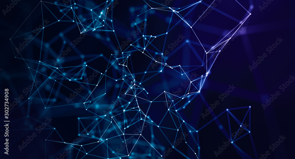 Wall mural abstract geometric background connecting dots as plexus in blue and purple.