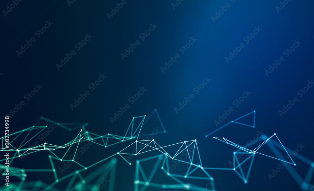 Wall mural abstract geometric plexus background with dots connecting in blue and green for business and tech.