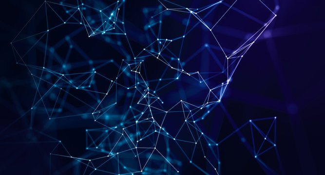 Abstract geometric background connecting dots as plexus in blue and purple.