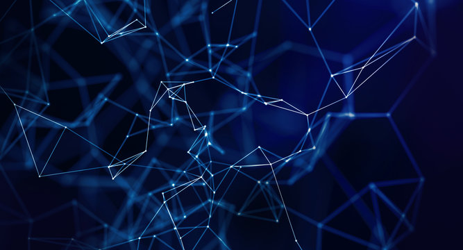 Abstract geometric plexus with triangular cells connecting dots background in blue and purple.