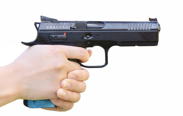 The man's hand is holding a gun, pointing and ready to shoot. On a white background
