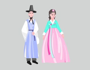 couple in traditional korean dresses, wear korean hanbok costume