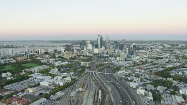 Aerial sunset view city buildings and skyscrapers Perth
